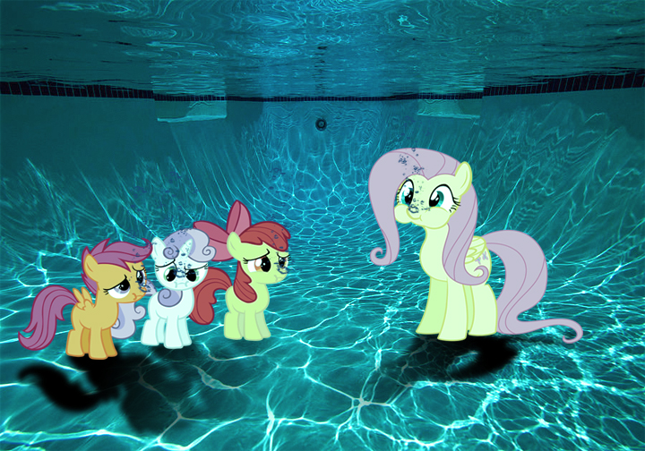 Size: 720x504 | Tagged: safe, artist:sb1991, derpibooru import, apple bloom, fluttershy, scootaloo, sweetie belle, pony, breathhold, bubble, cutie mark crusaders, story included, swimming pool, underwater