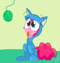 Size: 568x593 | Tagged: safe, artist:mr-degration, derpibooru import, pinkie pie, animal costume, ball, begging, behaving like a cat, cat costume, clothes, cute, dangling, excited, happy, kitty suit, pinkie cat, sitting, smiling, string, tongue out, yarn, yarn ball