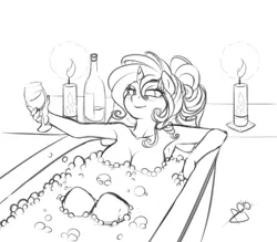 Size: 925x811 | Tagged: anthro, armpits, artist:pia-sama, bath, breasts, bubble bath, candle, derpibooru import, female, lineart, monochrome, nudity, rarity, solo, solo female, suggestive, wine, wine glass