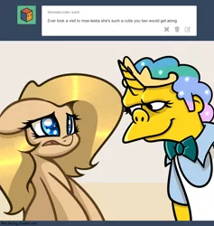 Size: 1280x1350 | Tagged: artist:slavedemorto, bedroom eyes, crossover, derpibooru import, floppy ears, frown, moe syzlak, oc, oc:backy, open mouth, princess moelestia, safe, smiling, the simpsons, tumblr