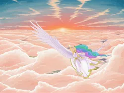 Size: 4800x3600 | Tagged: armpits, artist:gor1ck, cloud, cloudy, derpibooru import, detailed, flying, goddess, human, humanized, looking up, majestic, princess celestia, safe, scenery porn, sky, smiling, solo, spread wings, stars, sun, sunrise, sun work, winged humanization