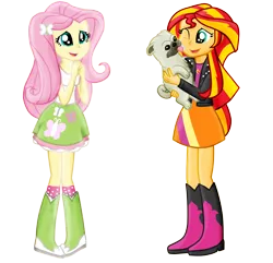 Size: 1328x1281 | Tagged: safe, artist:majkashinoda626, derpibooru import, fluttershy, sunset shimmer, dog, pug, equestria girls, clothes, cute, licking, simple background, skirt, tanktop, transparent background, vector