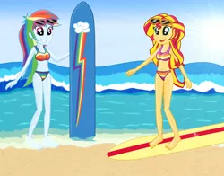 Size: 2500x1961 | Tagged: safe, artist:majkashinoda626, derpibooru import, rainbow dash, sunset shimmer, equestria girls, barefoot, beach, belly button, bikini, clothes, cute, duo, feet, sunglasses, surfboard, swimsuit