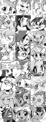 Size: 450x1200 | Tagged: safe, artist:k-nattoh, derpibooru import, apple bloom, applejack, derpy hooves, diamond tiara, fluttershy, lyra heartstrings, ms. harshwhinny, pinkie pie, princess luna, pumpkin cake, queen chrysalis, rainbow dash, rarity, sci-twi, scootaloo, sweetie belle, trixie, twilight sparkle, equestria girls, simple ways, bedroom eyes, collage, cutie mark crusaders, eyebrows, grayscale, heart, looking at you, mane six, monochrome, pinkamena diane pie, rarihick, self ponidox, spit take, wonderbolts uniform