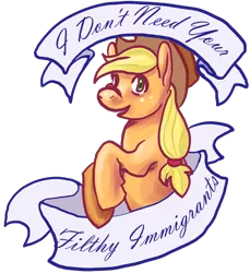 Size: 823x900 | Tagged: artist needed, safe, deleted from derpibooru, derpibooru import, edit, applejack, earth pony, pony, bigotjack, cowboy hat, drama, drama bait, female, hat, mare, mouthpiece, op started shit, out of character, racism, simple background, white background, xenophobia