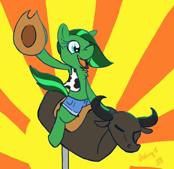 Size: 600x583 | Tagged: artist:rikafoxpawzer, bull, bull riding, clothes, cowboy hat, cowgirl, cowgirl outfit, cowprint, daisy dukes, derpibooru import, female, hat, magfest, mechanical bull, oc, oc:jade aurora, riding, rodeo, safe, sunburst background, unofficial characters only, yeehaw