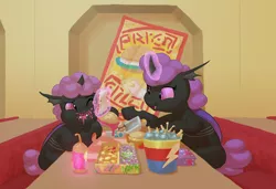Size: 1060x723 | Tagged: artist:carnifex, changeling, colt, derpibooru import, eating, fast food, mother, mother and son, nymph, omnivore, purple changeling, restaurant, semi-grimdark