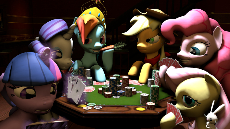 Size: 1920x1080 | Tagged: 3d, alternate version, angel bunny, applejack, artist:yutogashi, carrot, crowd, derpibooru import, fluttershy, gambling, magic, mane six, pinkie pie, playing card, poker, poker chips, poker table, rainbow dash, rarity, safe, shadow, source filmmaker, twilight sparkle