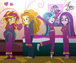 Size: 1100x910 | Tagged: safe, artist:bluse, derpibooru import, adagio dazzle, aria blaze, sonata dusk, sunset shimmer, twilight sparkle, twilight sparkle (alicorn), equestria girls, barefoot, belly button, blushing, breaking the fourth wall, clothes, eyes closed, feet, female, hairband, hand on hip, heart, loose hair, midriff, open mouth, pajamas, pants, poster, show accurate, signature, slippers, sweater, the dazzlings, the wandering dazzlings, tired