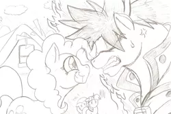 Size: 727x484 | Tagged: artist:droll3, crossover, derpibooru import, fluttershy, guilty gear, monochrome, pinkie pie, ponified, safe, sketch, sol badguy, traditional art, twilight sparkle