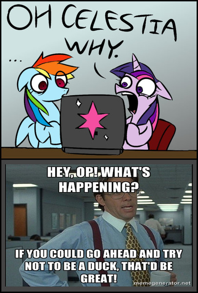 Size: 578x856 | Tagged: bill lumbergh, computer, computer meme, derpibooru, derpibooru import, exploitable meme, meme, meta, obligatory pony, office space, rainbow dash, safe, twilight sparkle