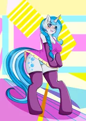 Size: 2480x3508 | Tagged: suggestive, artist:theecchiqueen, deleted from derpibooru, derpibooru import, oc, oc:bubble lee, unofficial characters only, anthro, unguligrade anthro, unicorn, anthro oc, arm hooves, blue underwear, breasts, cleavage, clothes, covering, dress, evening gloves, female, high res, me!me!me!, panties, skirt, solo, solo female, stockings, striped underwear, underwear, upskirt