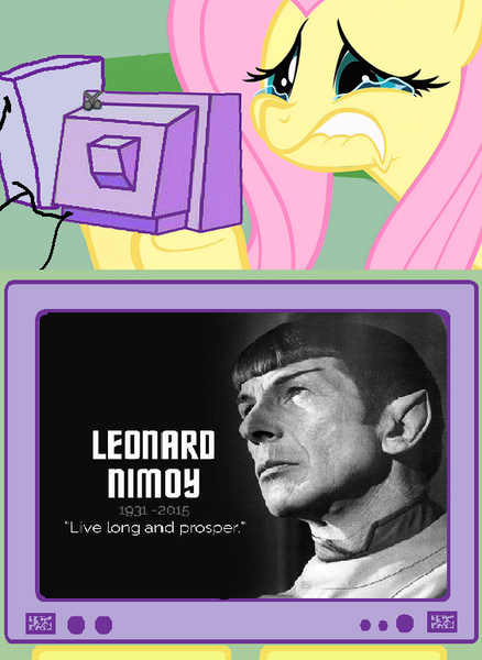 Size: 563x771 | Tagged: exploitable meme, fluttercry, fluttershy, leonard nimoy, meme, obituary, rest in peace, sad, safe, spock, star trek, tv meme