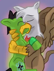 Size: 606x799 | Tagged: safe, artist:atomicphoton, derpibooru import, oc, oc:photon, oc:theothegryphon, unofficial characters only, earth pony, gryphon, pony, couple, eyes closed, gay, hug, interspecies, kissing, male, stallion