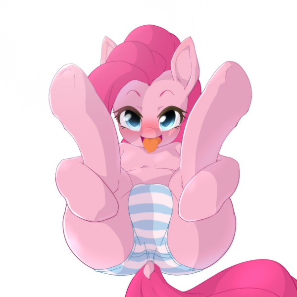 Size: 2000x2000 | Tagged: questionable, artist:hidamariru, derpibooru import, pinkie pie, blushing, clothes, dock, female, on back, panties, simple background, solo, solo female, spread legs, spreading, striped underwear, tongue out, underwear