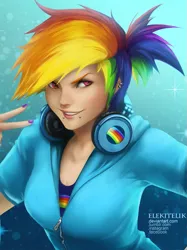 Size: 813x1089 | Tagged: artist:elekitelik, derpibooru import, headphones, human, humanized, piercing, portrait, rainbow dash, safe, solo