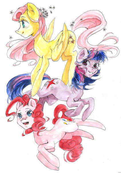 Size: 1193x1693 | Tagged: artist:my-magic-dream, derpibooru import, fluttershy, pinkie pie, safe, traditional art, twilight sparkle