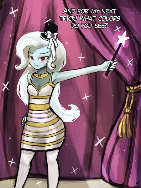 Size: 720x960 | Tagged: suggestive, artist:lumineko, derpibooru import, trixie, equestria girls, armpits, blushing, clothes, dress, female, hat, meme, solo, solo female, top hat, wand, white and gold or black and blue dress meme