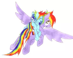 Size: 2097x1674 | Tagged: safe, artist:oddwarg, derpibooru import, rainbow blaze, rainbow dash, filly, flying, piggyback ride, ponies riding ponies, simple background