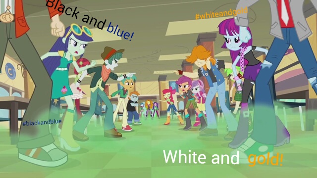 Size: 640x360 | Tagged: safe, derpibooru import, edit, edited screencap, screencap, adagio dazzle, apple bloom, aria blaze, blueberry cake, cherry crash, mystery mint, normal norman, rose heart, scootaloo, scott green, snails, snips, sonata dusk, sweetie belle, thunderbass, valhallen, equestria girls, rainbow rocks, argument, background human, cutie mark crusaders, white and gold or black and blue dress meme