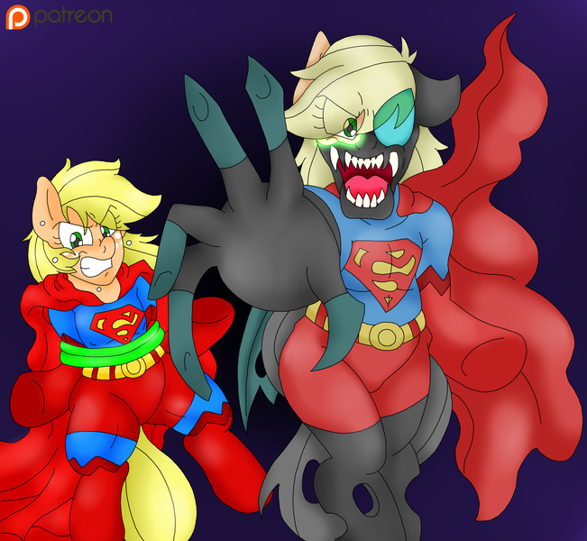 Size: 1978x1823 | Tagged: app-el, applejack, artist:blackbewhite2k7, changeling, changeling supermare, claw, commission, cover art, kryptonite, nightmare fuel, patreon, semi-grimdark, superhero, superman, supermare, tied up