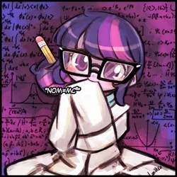 Size: 500x500 | Tagged: safe, artist:lumineko, derpibooru import, sci-twi, twilight sparkle, equestria girls, rainbow rocks, age regression, blushing, calculus, chalkboard, clothes, cute, dialogue, e=mc^2, fancy mathematics, female, glasses, head tilt, lab coat, looking at you, lumineko is trying to murder us, math, nom, pencil, physics, quantum physics, science, smiling, solo, speech bubble, twiabetes, weapons-grade cute, younger