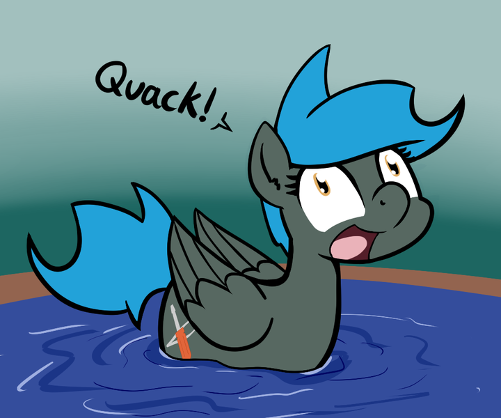 Size: 1007x839 | Tagged: safe, artist:whatsapokemon, derpibooru import, oc, oc:jade shine, unofficial characters only, duck, duck pony, pegasus, pony, behaving like a bird, open mouth, pegaduck, quack, quack knights, solo, water, wide eyes