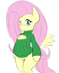 Size: 1943x2400 | Tagged: suggestive, artist:rinku, artist:vulapa, color edit, derpibooru import, edit, fluttershy, pony, bipedal, blushing, boob window, bottomless, chest fluff, clothes, colored, cute, female, keyhole turtleneck, looking at you, open-chest sweater, partial nudity, sketch, solo, solo female, sweater, sweatershy, turtleneck, wide hips
