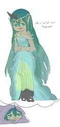 Size: 500x1063 | Tagged: artist:mt, blanket, changeling, clothes, derpibooru import, dream, dress, oc, oc:catrine, offspring, parent:queen chrysalis, safe, satyr, solo, unofficial characters only