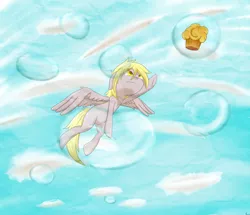 Size: 1280x1103 | Tagged: safe, artist:necro1337, derpibooru import, derpy hooves, pegasus, pony, bubble, female, floppy ears, flying, mare, muffin, solo
