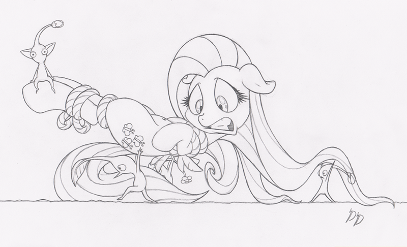 Size: 1000x607 | Tagged: safe, artist:dfectivedvice, derpibooru import, fluttershy, pegasus, pikmin, pony, belly button, blue pikmin, bondage, crossover, female, grayscale, mare, monochrome, red pikmin, rope, this will end in tears, tied up, yellow pikmin