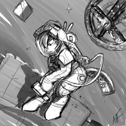 Size: 3000x3000 | Tagged: safe, artist:negativefade, derpibooru import, big macintosh, earth pony, pony, astronaut, male, monochrome, science fiction, solo, space, space station, spacesuit, stallion