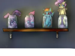 Size: 1024x768 | Tagged: artist:rflzqt, dead source, derpibooru import, fluttershy, jar, pinkie pie, pony in a bottle, rainbow dash, safe, twilight sparkle