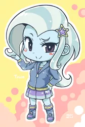 Size: 1315x1953 | Tagged: safe, artist:nazonazopowerfu, derpibooru import, trixie, equestria girls, blushing, boots, chibi, clothes, cute, diatrixes, female, hand on hip, hoodie, looking at you, pixiv, shoes, skirt, smiling, solo, stars