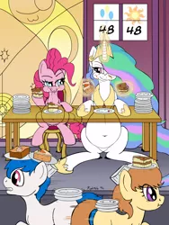 Size: 1260x1680 | Tagged: artist:kyokimute, belly, belly button, big belly, cake, cakelestia, chubby, chubbylestia, derpibooru import, eating, eating contest, fat, food, magic, pinkie pie, plates, princess celestia, pudgy pie, safe, stuffed, stuffing, telekinesis, this will end in weight gain