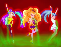 Size: 902x697 | Tagged: safe, artist:sonatablaze, derpibooru import, adagio dazzle, aria blaze, sonata dusk, equestria girls, alternate costumes, eyestrain warning, humanized, kazumi evans, lolirock, needs more saturation, the dazzlings, voice actor joke