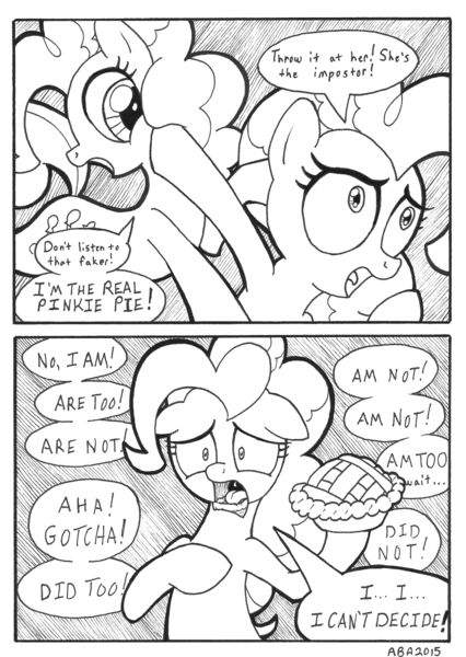 Size: 851x1200 | Tagged: artist:abronyaccount, clone, comic, derpibooru import, lineart, monochrome, pie, pinkie pie, safe, spot the imposter, too many pinkie pies