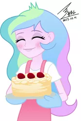 Size: 900x1349 | Tagged: safe, artist:bluse, derpibooru import, princess celestia, equestria girls, apron, background removed, blushing, cake, clothes, cute, female, momlestia, principal celestia, show accurate, signature, simple background, solo, white background, younger