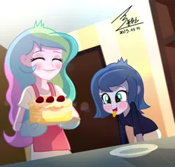 Size: 3402x3238 | Tagged: safe, artist:bluse, derpibooru import, princess celestia, princess luna, equestria girls, blushing, cake, cute, cutelestia, eyes closed, female, happy, high res, lunabetes, momlestia, needs more jpeg, open mouth, principal celestia, show accurate, signature, smiling, sweet dreams fuel, tongue out, vice principal luna, want, weapons-grade cute, woona, younger