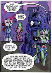 Size: 349x491 | Tagged: boop, comic, cropped, derpibooru import, edit, frown, idw, idw advertisement, larvell jones, moustache, officer by the book, open mouth, police academy, preview, princess luna, ride along, safe, spike, spoiler:comic, spoiler:comicff14