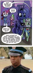 Size: 568x1258 | Tagged: comic, comparison, cropped, derpibooru import, edit, idw, idw advertisement, larvell jones, michael winslow, officer by the book, police academy, preview, princess luna, ride along, safe, spike, spoiler:comic, spoiler:comicff14