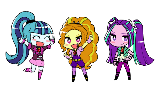 Size: 512x284 | Tagged: safe, artist:baekgup, derpibooru import, adagio dazzle, aria blaze, sonata dusk, equestria girls, rainbow rocks, chibi, cute, eyes closed, fangs, looking at you, open mouth, simple background, smiling, smirk, the dazzlings, transparent background