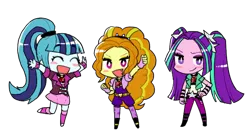 Size: 512x284 | Tagged: safe, artist:baekgup, derpibooru import, adagio dazzle, aria blaze, sonata dusk, equestria girls, rainbow rocks, chibi, cute, eyes closed, fangs, looking at you, open mouth, simple background, smiling, smirk, the dazzlings, transparent background