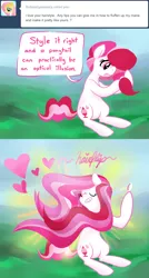 Size: 700x1302 | Tagged: safe, artist:peachiekeenie, derpibooru import, plumsweet, earth pony, pony, ask plumsweet, ask, comic, female, flowing mane, hairflip, heart, long mane, solo, tumblr