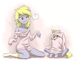 Size: 1000x800 | Tagged: suggestive, artist:ta-na, derpibooru import, derpy hooves, pegasus, pony, equestria girls, blushing, breasts, cleavage, clothes, cute, derpabetes, duo, female, human ponidox, keyhole turtleneck, open-chest sweater, question mark, self ponidox, sitting, socks, sweater, turtleneck, underhoof, wardrobe misuse