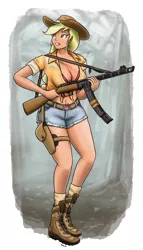 Size: 850x1487 | Tagged: applebucking thighs, applejack, artist:king-kakapo, belly button, boots, breasts, busty applejack, cleavage, clothes, cowboy hat, daisy dukes, derpibooru import, female, freckles, front knot midriff, gun, hat, holster, human, humanized, knot shirt, midriff, ppsh-41, safe, shorts, socks, stetson, submachinegun, tokarev, tt-33, weapon