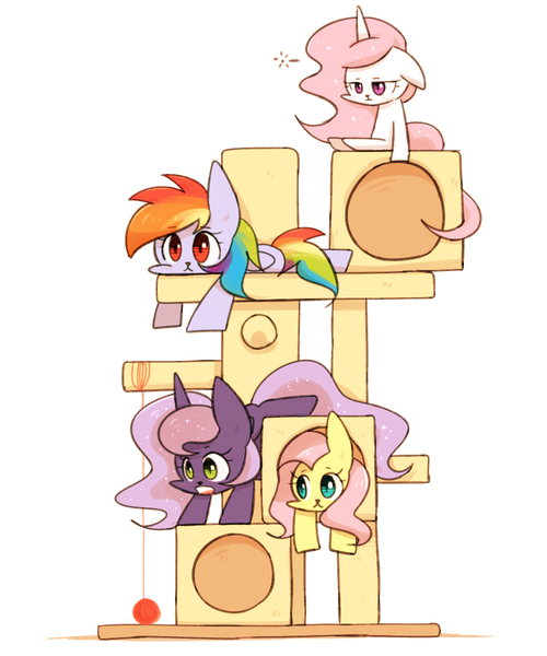 Size: 1000x1200 | Tagged: artist:joycall6, behaving like a cat, cat, catified, catlestia, cat tower, derpibooru import, fluttercat, fluttershy, princess celestia, princess luna, princess mewna, race swap, rainbow cat, rainbow dash, safe, species swap