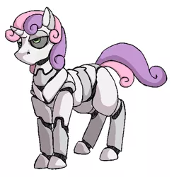 Size: 400x407 | Tagged: safe, artist:redxbacon, derpibooru import, sweetie belle, pony, robot, robot pony, unicorn, friendship is witchcraft, blank flank, deadpan expression, female, hooves, horn, mare, simple background, solo, sweetie bot, white background