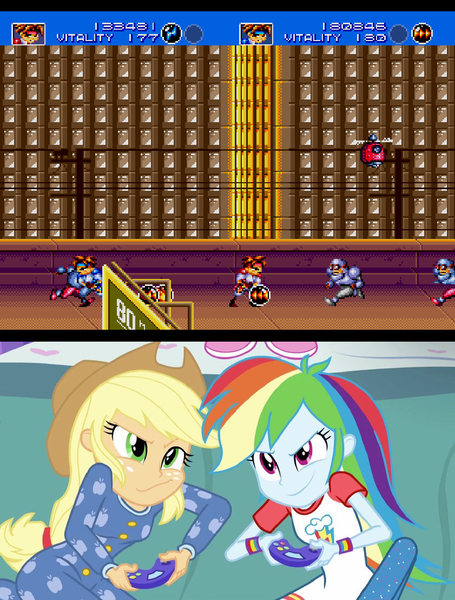 Size: 841x1110 | Tagged: safe, derpibooru import, applejack, rainbow dash, equestria girls, applejack and rainbow dash playing, exploitable meme, gunstar heroes, meme, video game