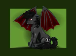 Size: 6900x5100 | Tagged: safe, artist:littlewolfstudios, derpibooru import, oc, oc:qetesh, unofficial characters only, bat pony, pony, absurd resolution, angry, fangs, growling, grumpy, sitting, triskelion, underhoof